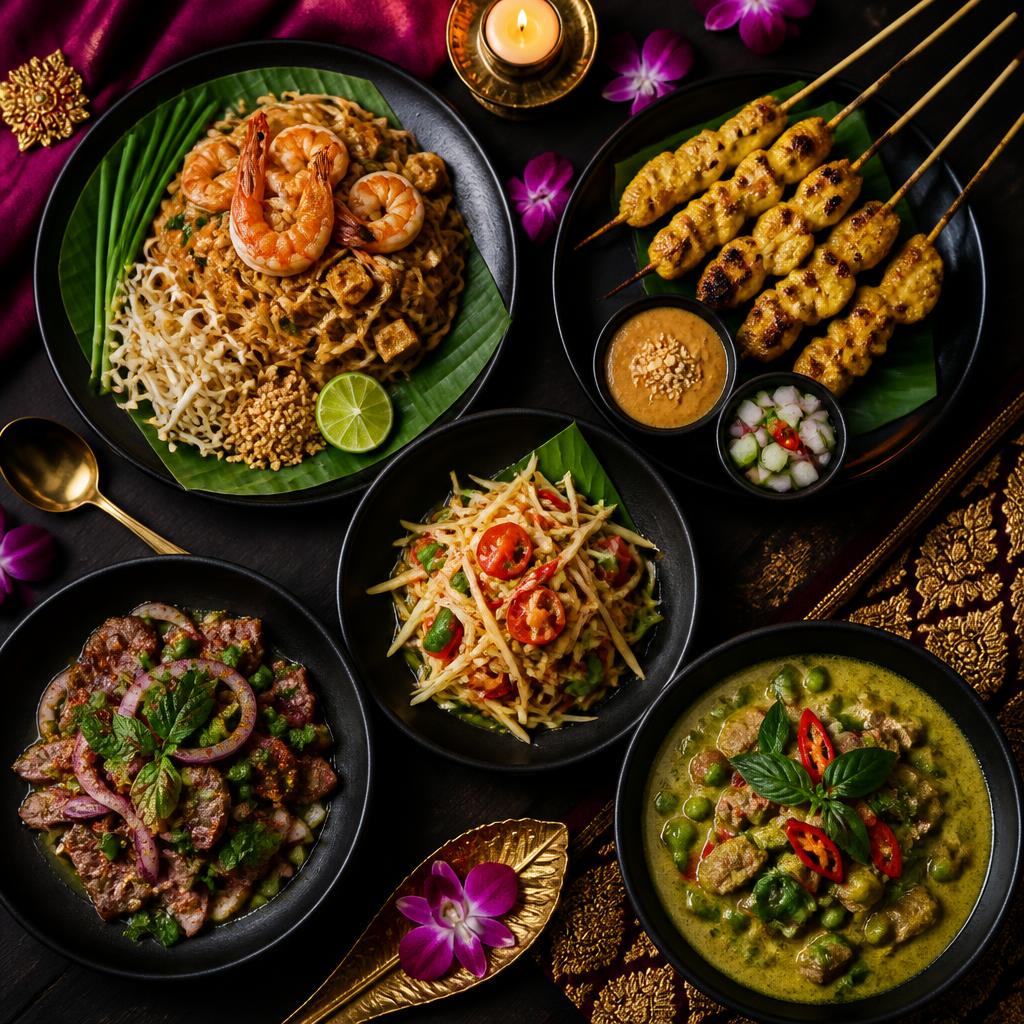 Authentic Thai catering spread — pad thai, satay, som tam, jungle curry